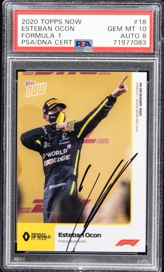 Esteban Ocon Signed 2020 Topps Now Formula 1 #18 (PSA 10) - Autograph Graded PSA 8