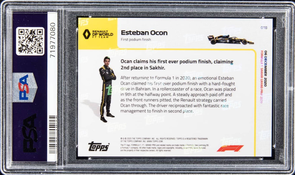 Esteban Ocon Signed 2020 Topps Now Formula 1 #18 (PSA 10) - Autograph Graded PSA 8