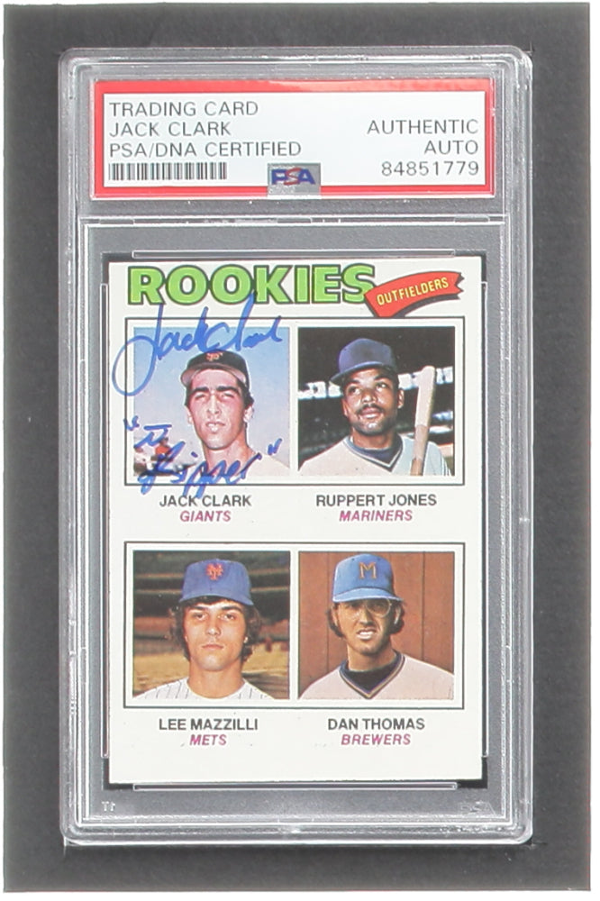 Jack "The Ripper" Clark Signed 1977 Topps #488 Rookie Outfielders / Jack Clark / Ruppert Jones / Lee Mazzilli / Dan Thomas RC (PSA) - Rookie Card