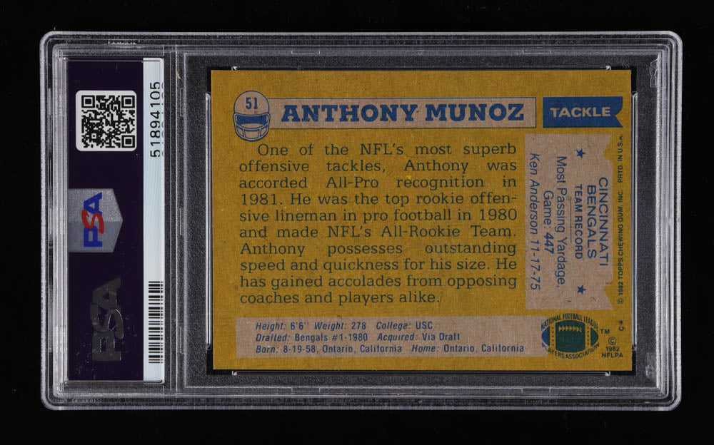 Anthony Munoz Signed 1982 Topps #51 RC Inscribed "HOF 98" (PSA) - Autograph Graded (PSA) 10 - Rookie Card