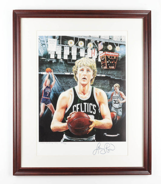 Larry Bird Signed (Beckett) LE Celtics 27” x 32” Custom Framed Lithograph Display - Limited Edition # 395 / 1000