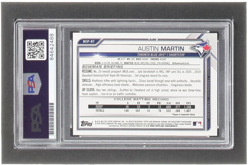 Austin Martin Signed 2021 Bowman Chrome Prospects #BCP87 RC (PSA) - Rookie Card | Autograph Graded (PSA) 10