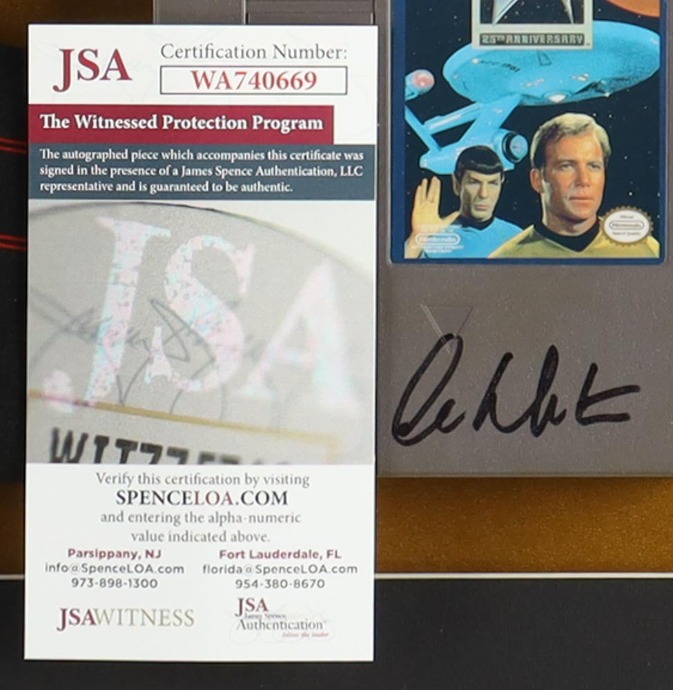 William Shatner Signed (JSA) 1992 "Star Trek: 25th Anniversary" Custom Framed Nintendo Game Cartridge Display with Sleeve - JSA Witnessed