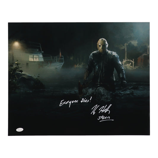 Kane Hodder Signed (JSA) "Friday the 13th" 16x20 Photo Inscribed "Jason" & "Everyone Dies!" - JSA Witnessed