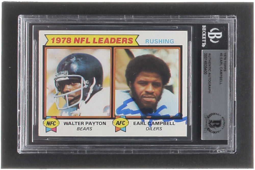 Earl Campbell Signed 1979 Topps #3 Rushing Leaders RC / Earl Campbell / Walter Payton (BGS) - Rookie Card