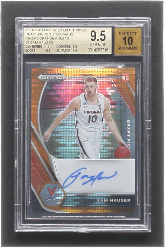 Sam Hauser 2021-22 Panini Prizm Draft Picks #17/49 Autographs Prizms Orange Pulsar #6 RC (BGS 9.5 | Auto 10) Rookie Card