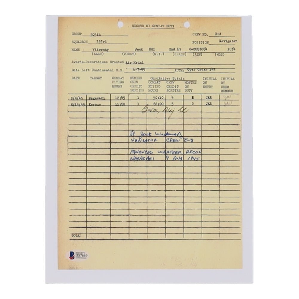 Jack Widowski Signed (Beckett) 8.5x11 Document Copy with Service Record Inscription