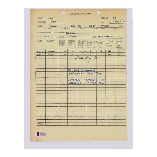 Jack Widowski Signed (Beckett) 8.5x11 Document Copy with Service Record Inscription