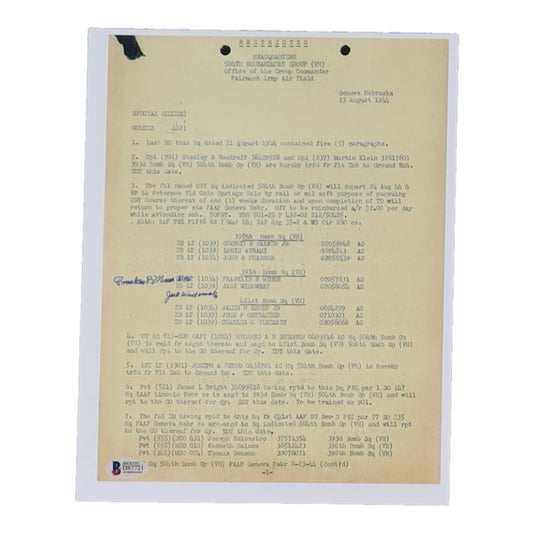 Jack Widowski & Franklin Bernard Wimer Signed (Beckett) 8.5x11 WWII Document Copy