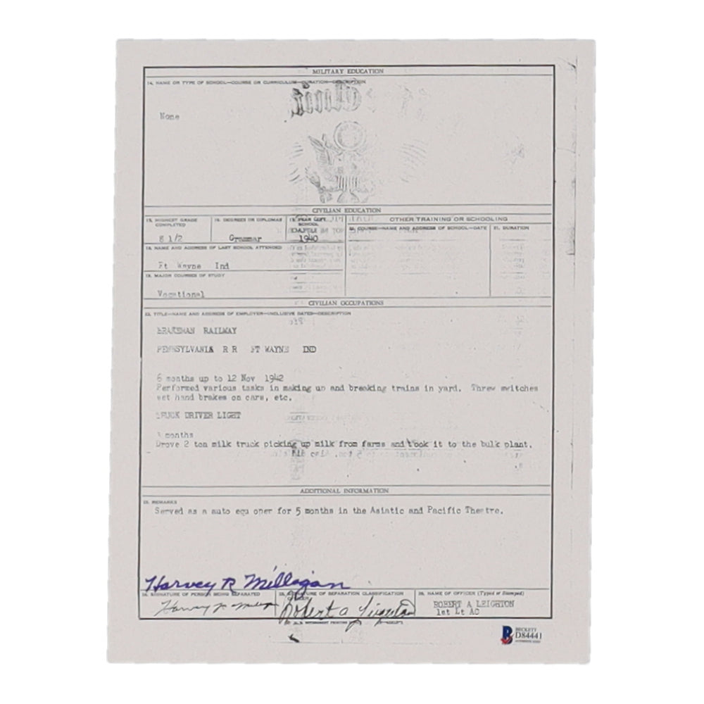 Harvey Milligan Signed 8.5x11 Document Copy (Beckett)