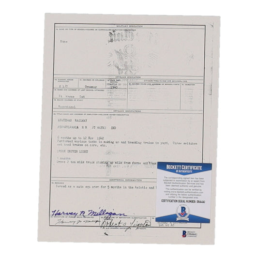 Harvey Milligan Signed 8.5x11 Document Copy (Beckett)