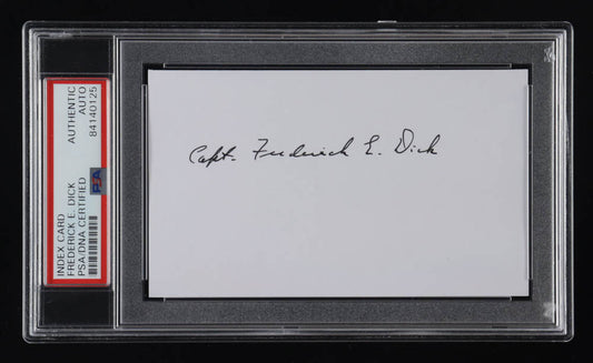 Captain Frederick E. Dick Signed Index Card (PSA) - US Army Air Corps - WWII Fighter Ace