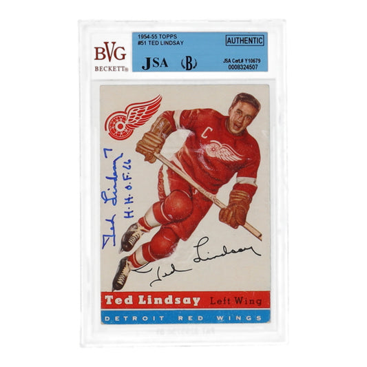 Ted Lindsay Signed 1954-55 Topps #51 Inscribed "H.H.O.F. 66" (BVG | Autograph Graded Beckett (BVG) 10