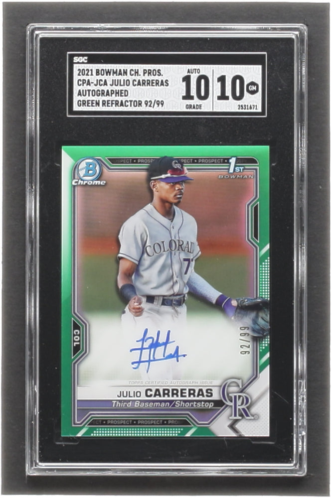 Julio Carreras 2021 Bowman Chrome #92/99 Prospect Autographs Green Refractors RC #CPAJCA (SGC 10 | Auto 10) Rookie Card