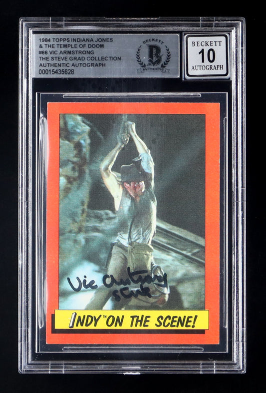 Vic Armstrong Signed 1984 Topps Indiana Jones and the Temple of Doom #66 Inscribed "Stunts" (BGS | Autograph Graded 10)