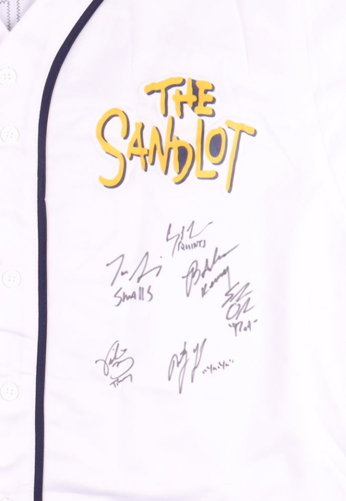 "The Sandlot" Jersey Signed by (6) with Tom Guiry, Chauncey Leopardi, Marty York, Shane Obedzinski, Victor DiMattia & Brandon Adams with inscriptions (Beckett) "The Sandlot"