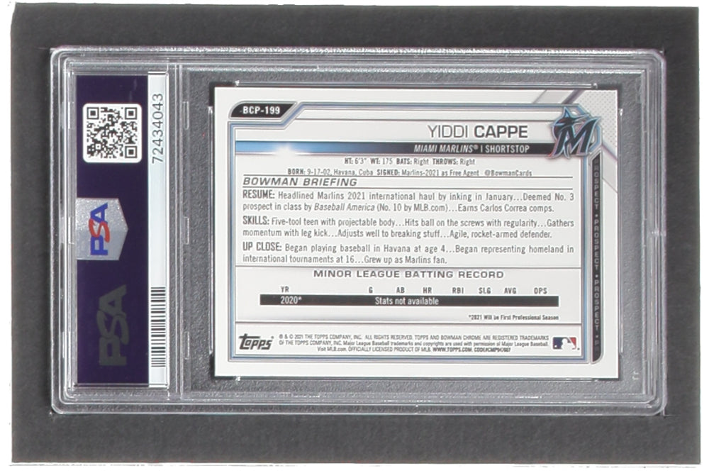 Yiddi Cappe Signed 2021 Bowman Chrome Prospects #BCP199 RC (PSA 9 | Autograph Graded 10) - Rookie Card