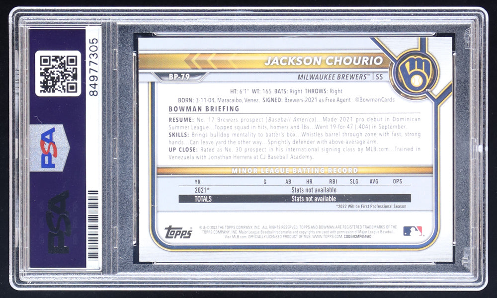 Jackson Chourio Signed 2022 Bowman Prospects #BP79 RC (PSA | Auto 10) - Rookie Card