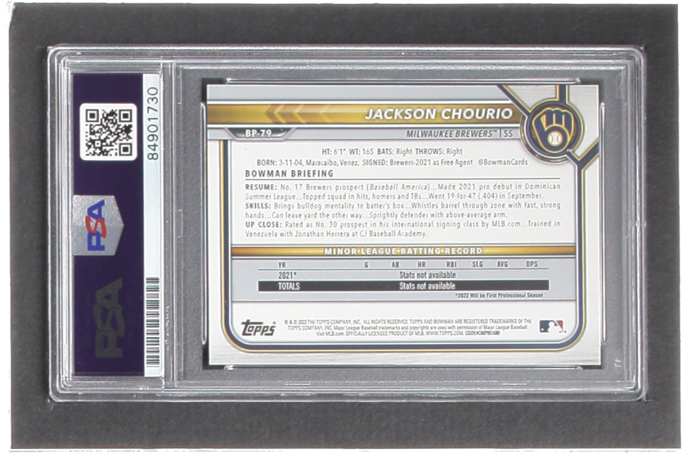 Jackson Chourio Signed 2022 Bowman Prospects #BP79 RC (PSA) - Rookie Card