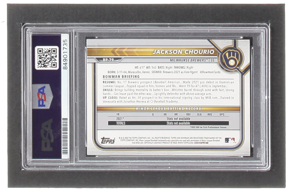 Jackson Chourio Signed 2022 Bowman Prospects #BP79 RC (PSA) - Rookie Card