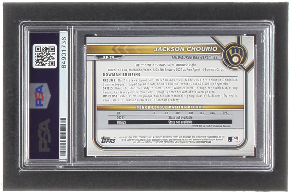 Jackson Chourio Signed 2022 Bowman Prospects #BP79 RC (PSA) - Rookie Card