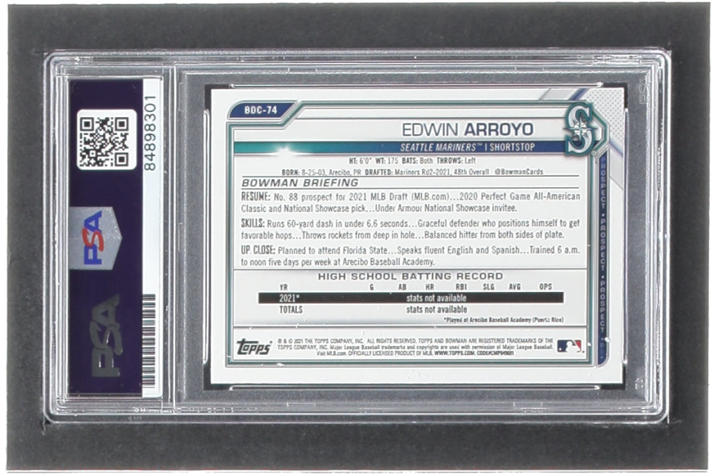 Edwin Arroyo Signed 2021 Bowman Chrome Draft Sapphire #BDC74 (PSA) - Rookie Card