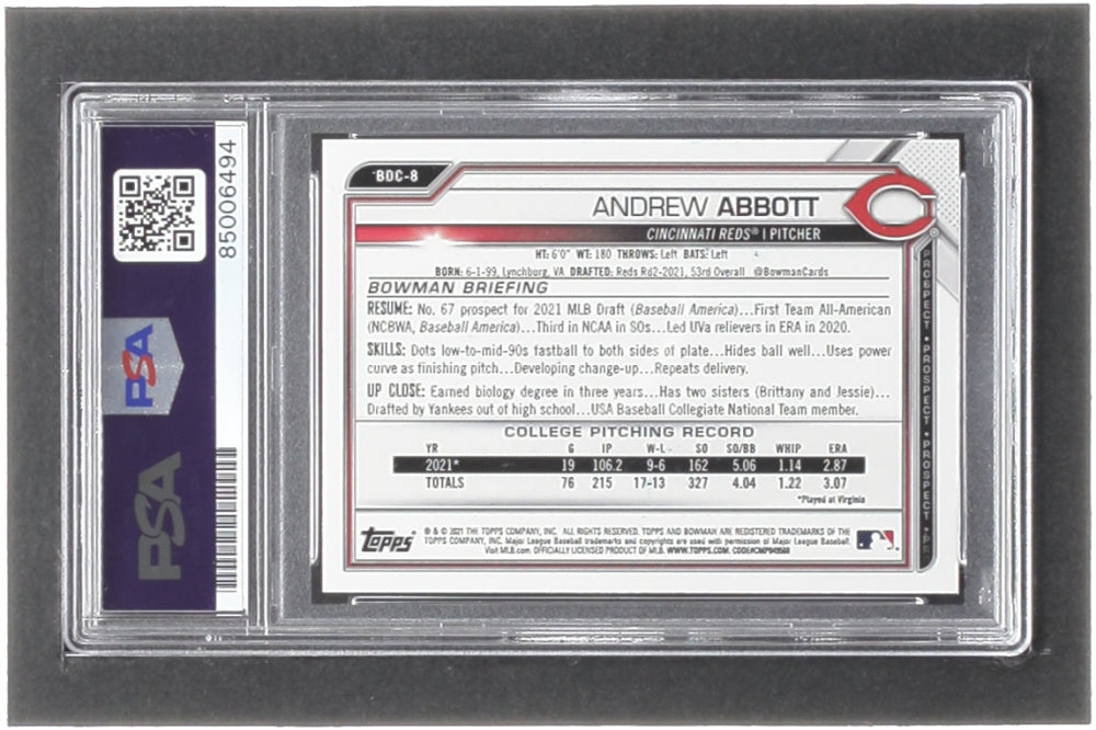 Andrew Abbott Signed 2021 Bowman Chrome Draft #BDC8 RC (PSA) - Rookie Card