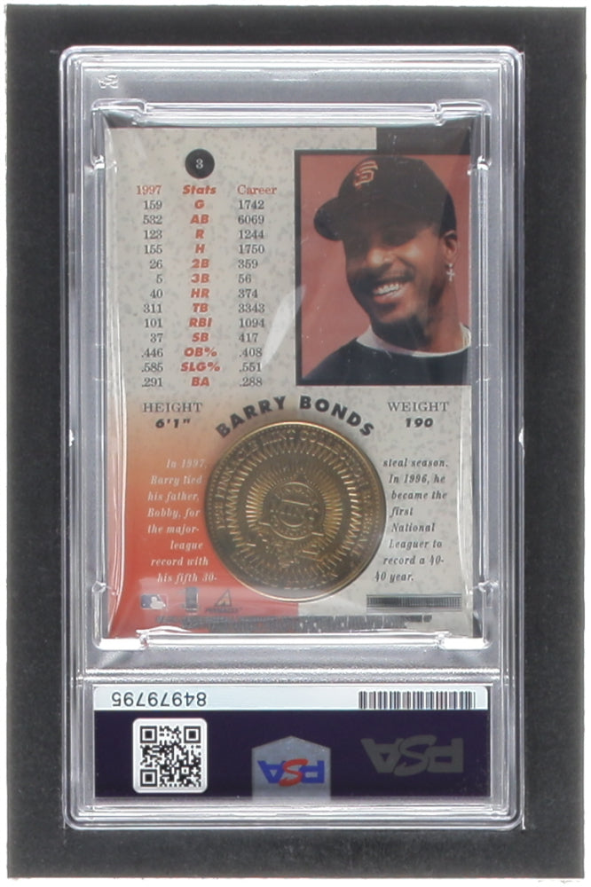 Barry Bonds Signed 1998 Pinnacle Mint Coins Brass #3 #209/300 (PSA | Auto 10) - Hand-Numbered #209 / 300