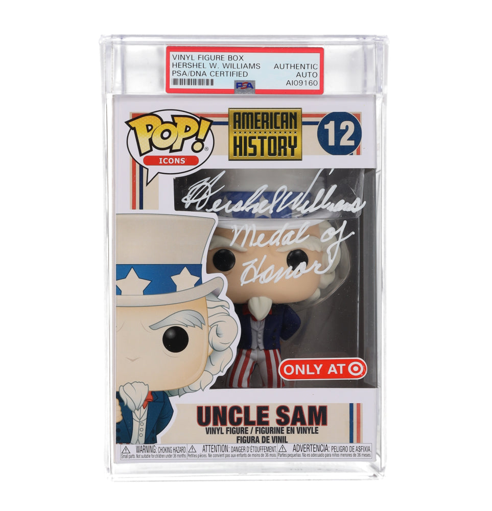 Hershel Williams Signed (PSA) "American History" Uncle Sam #12 Funko Pop Vinyl Figure Inscribed "Medal of Honor" - WWII Medal of Honor Recipient