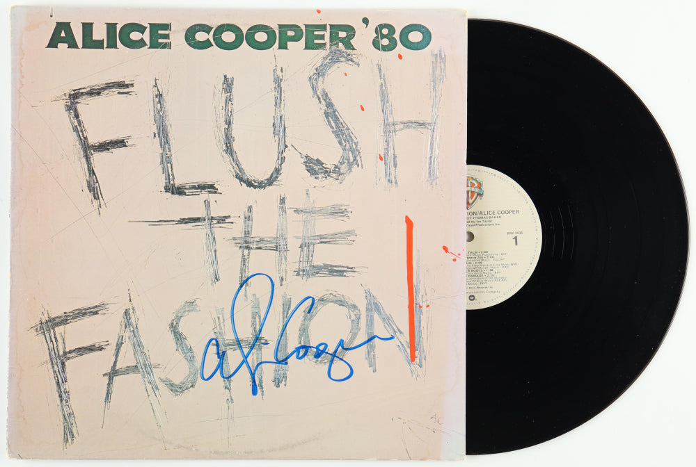 Alice Cooper Signed (Beckett) "Flush the Fashion" Vinyl Record Album - Beckett Witnessed