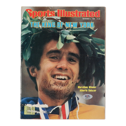 Alberto Salazar Signed (PSA) 1980 Sports Illustrated Magazine Inscribed "2:08:13 WR"