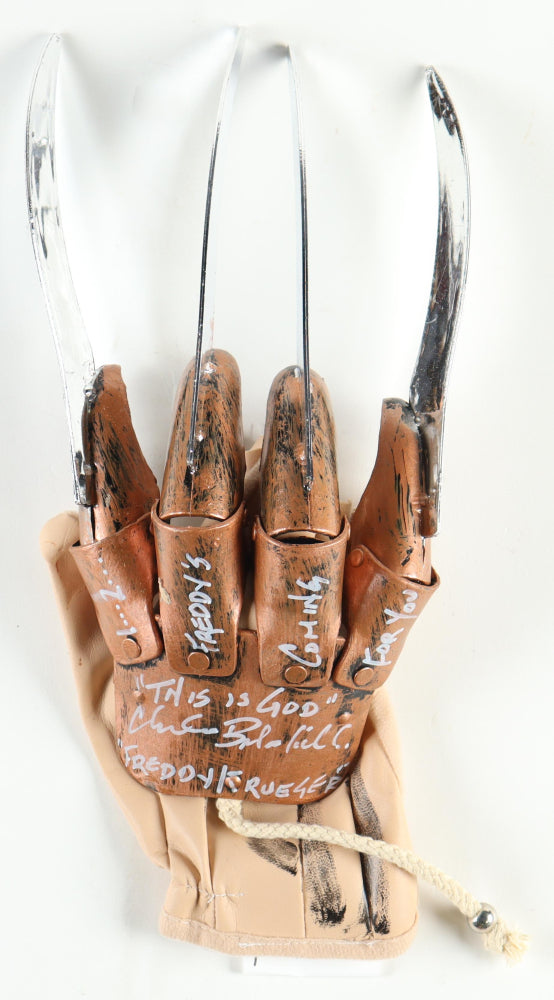 Charles Belardinelli Signed (ACOA) "A Nightmare on Elm Street" Freddy Krueger Glove Inscribed "1...2 Freddy's Coming For You", "This is God" & "'Freddy Krueger'" (AutographCOA) - Sound FX / Stunts