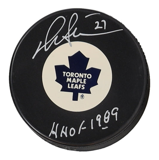 Darryl Sittler Signed (JSA) Maple Leafs Logo Hockey Puck Inscribed "HHOF 1989"