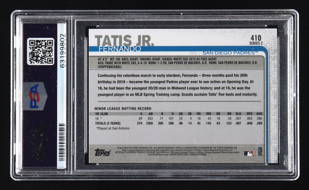 Fernando Tatis Jr. Signed 2019 Topps #410 RC (PSA 10 | Autograph Graded 10) - Rookie Card