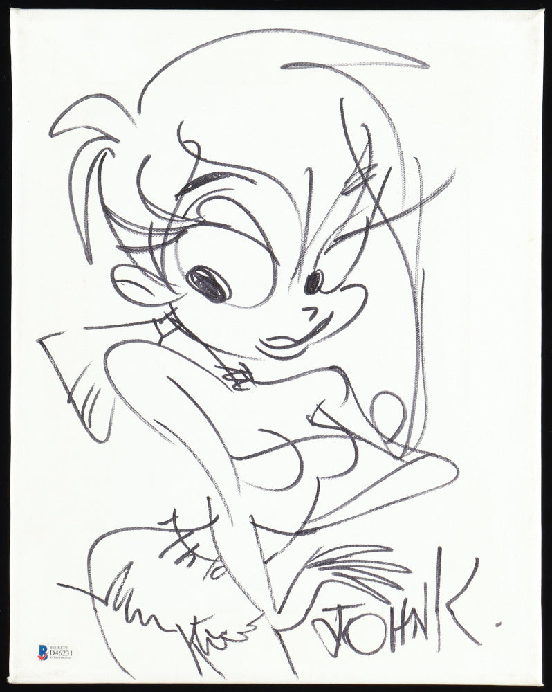 John "John K" Kricfalusi Signed (Beckett) 11x14 Canvas with Hand-Drawn Sketch