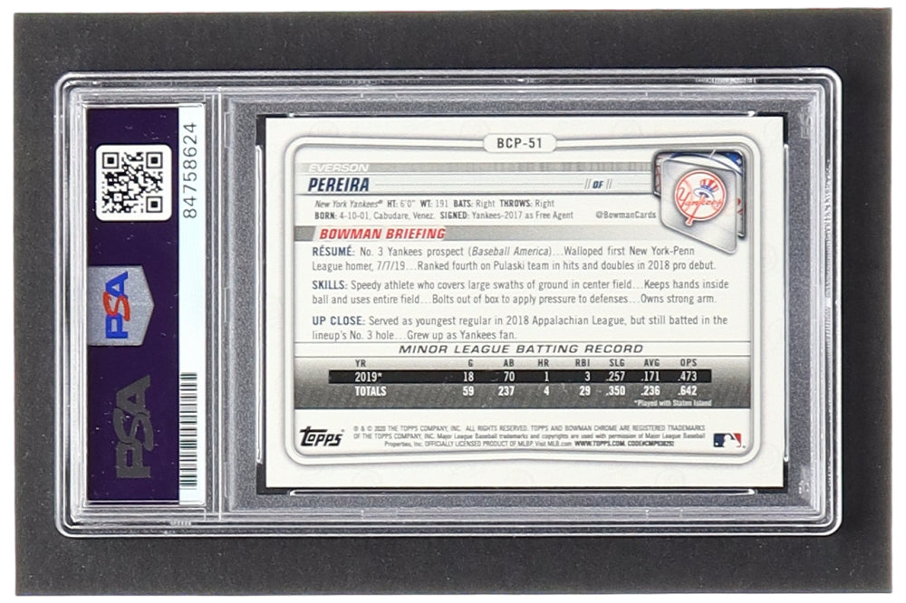 Everson Pereira Signed 2020 Bowman Chrome Prospects #BCP51 RC (PSA | Autograph Graded PSA 10) - Rookie Card