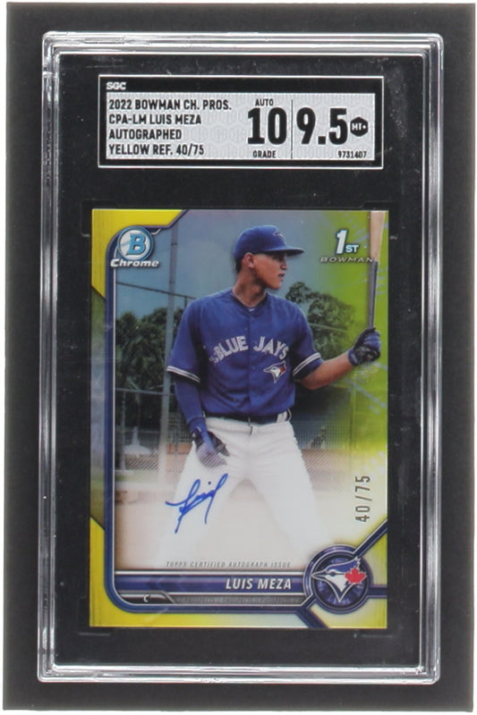 Luis Meza 2022 Bowman Chrome Prospect Autographs Yellow Refractors #CPALM #40/75 RC (SGC 9.5 | Autograph Graded SGC 10) - Rookie Card