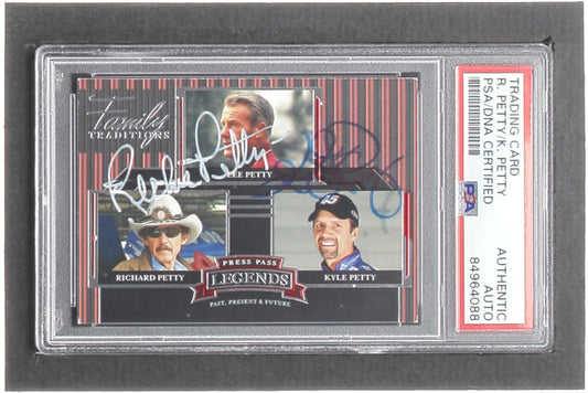 Richard Petty & Kyle Petty Signed 2005 Press Pass Legends #47 L.Petty / R.Petty / K.Petty FT (PSA)