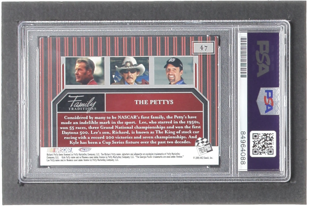 Richard Petty & Kyle Petty Signed 2005 Press Pass Legends #47 L.Petty / R.Petty / K.Petty FT (PSA)