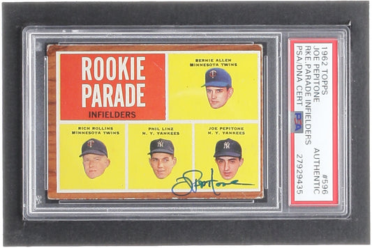 Joe Pepitone Signed 1962 Topps #596 Rookie Parade / Bernie Allen RC / Joe Pepitone RC / Phil Linz RC / Rich Rollins RC SP (PSA) - Rookie Card