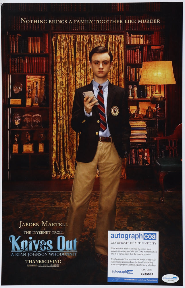 Jaeden Martell Signed "Knives Out" 11x17 Photo (ACOA) - Jacob Thrombey