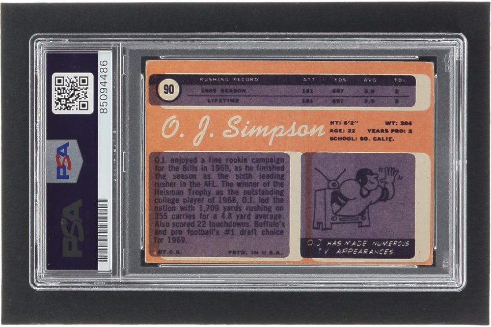 O.J. Simpson Signed 1970 Topps #90 RC Inscribed "69 Overall NFL Pick" (PSA | Auto 10) - Rookie Card