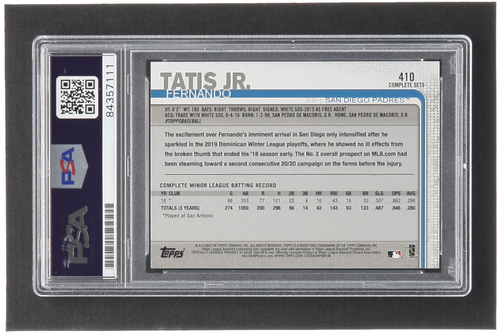 Fernando Tatis Jr. Signed 2019 Topps Base Set Photo Variations #410 RC / White Jersey Retail Factory (PSA | Autograph Graded PSA 10) - Rookie Card