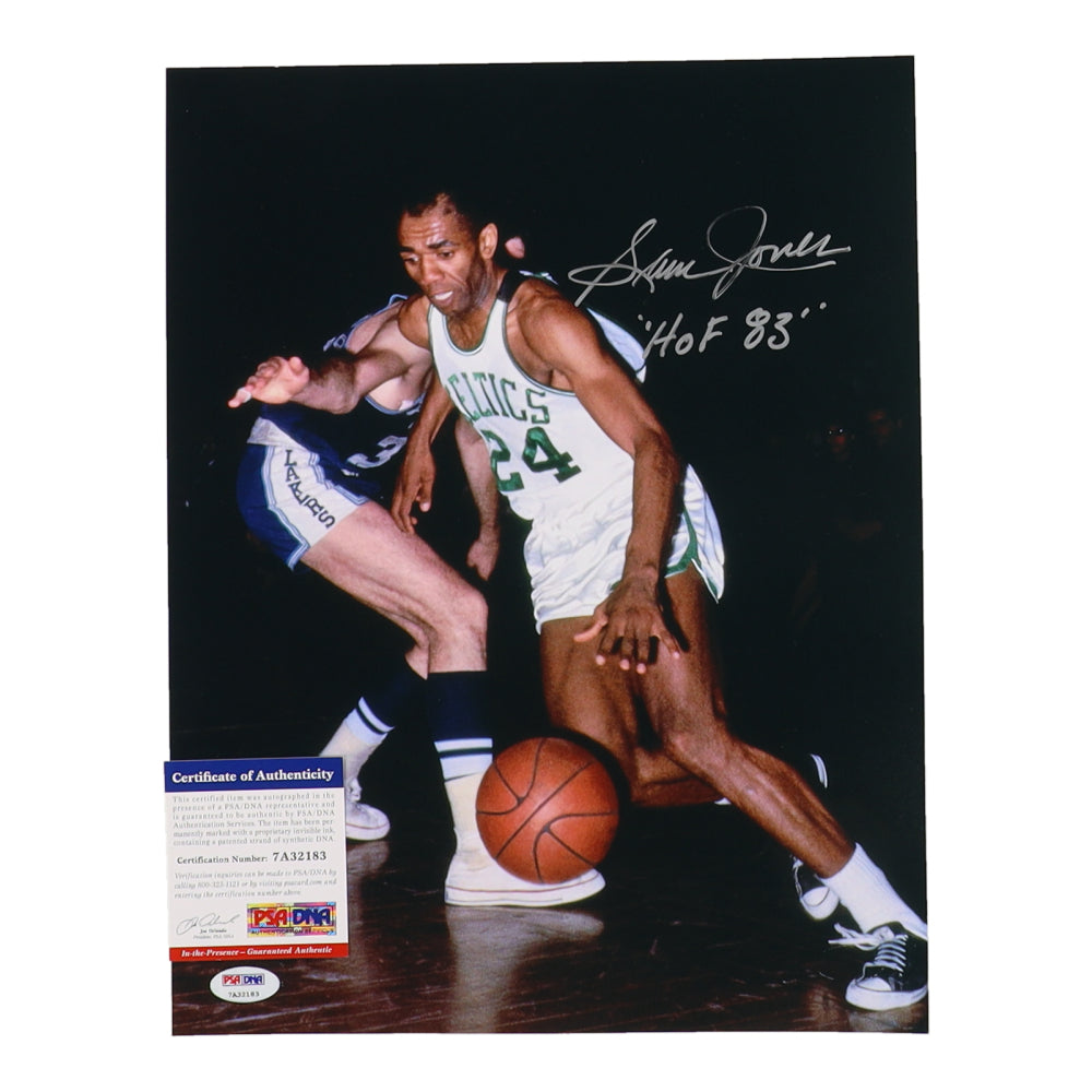 Sam Jones Signed (PSA) Celtics 11x14 Photo Inscribed "HOF 83" - PSA In The Presence