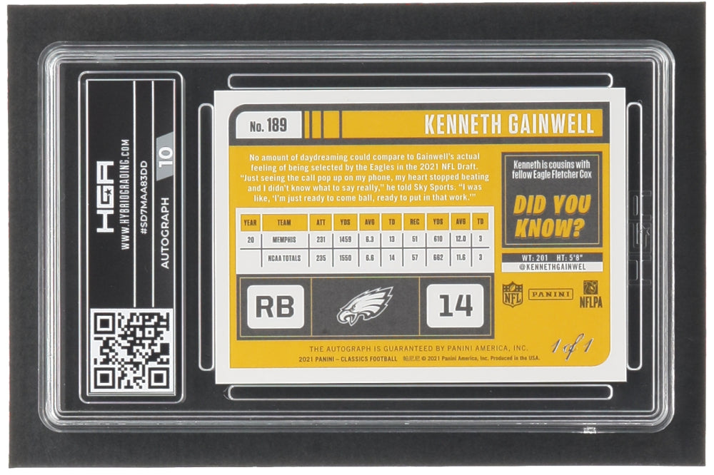 Kenneth Gainwell 2021 Classics Significant Signatures Black #189 RC #1/1 (HGA 9 | Autograph Grade 10) - Rookie Card | Serially Numbered #1 / 1