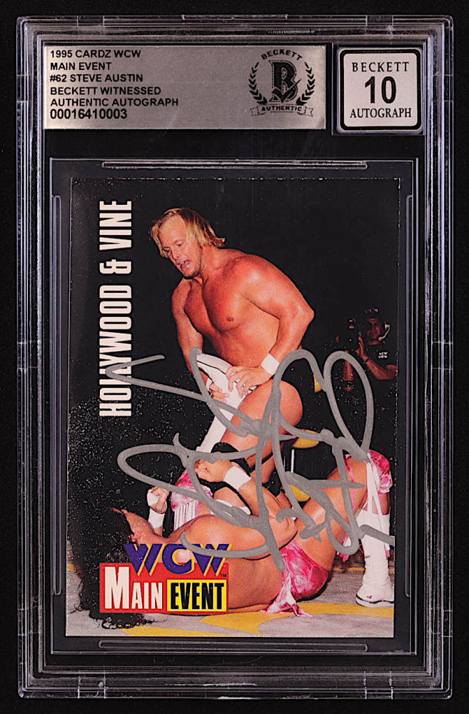 Steve Austin Signed Flying Elbow 1995 CARDZ WCW Main Event #65 (BGS | Autograph Graded BGS 10) - Beckett Witnessed