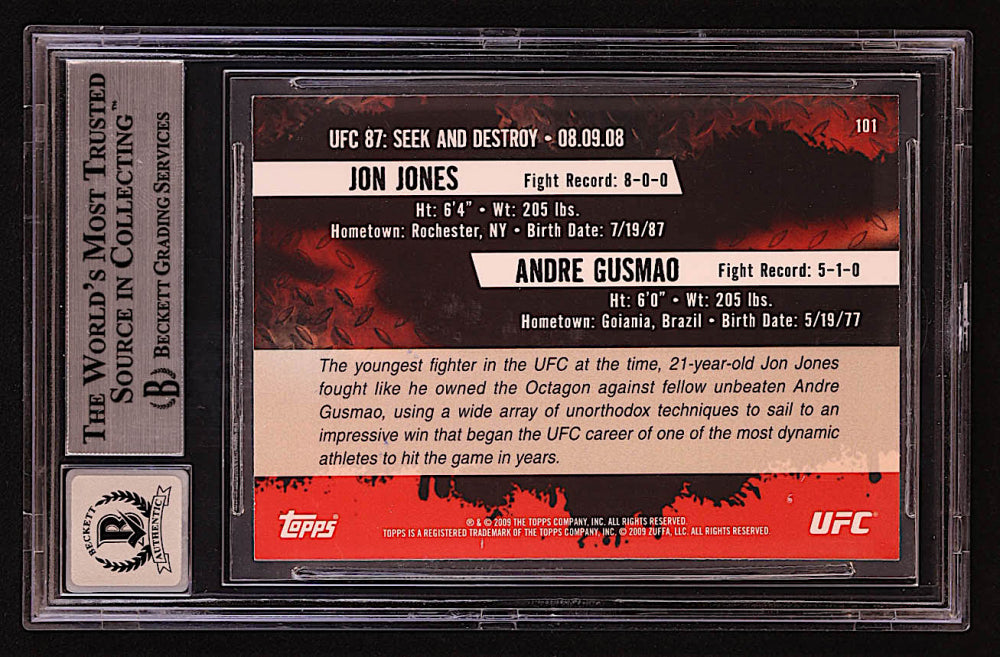 Jon "Bones" Jones Signed Jon Jones vs. Andre Gusmao 2009 Topps UFC #101 RC (BGS | Autograph Graded BGS 10) - Rookie Card / Beckett Witnessed