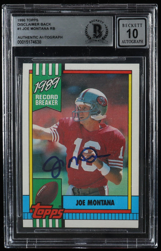 Joe Montana Signed 1990 Topps Disclaimer Back #1 Most TD Passes: Super Bowl (BGS | Autograph Graded BGS 10) Autograph Graded BGS 10