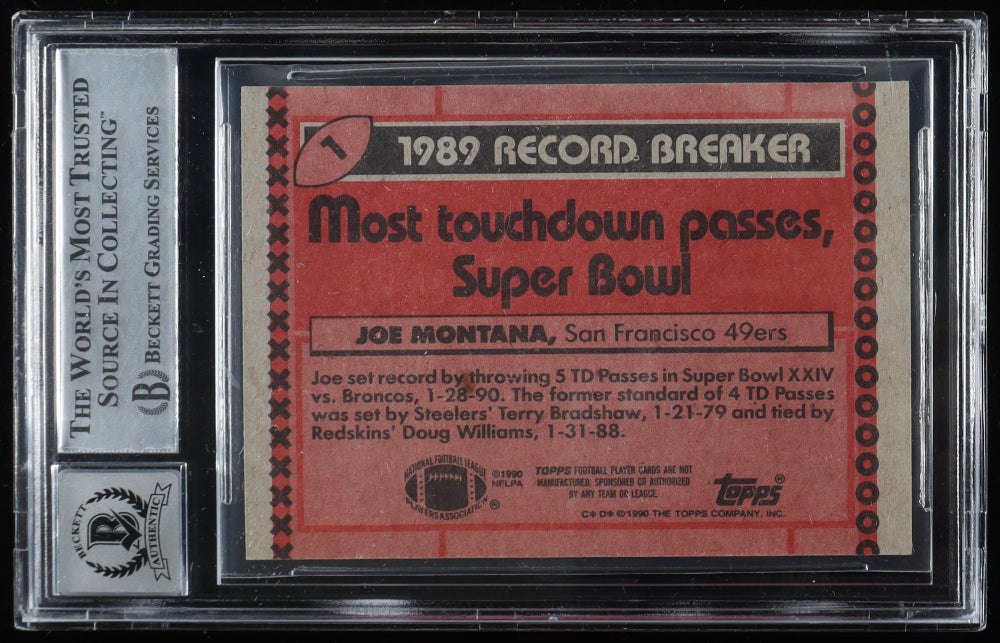 Joe Montana Signed 1990 Topps Disclaimer Back #1 Most TD Passes: Super Bowl (BGS | Autograph Graded BGS 10) Autograph Graded BGS 10