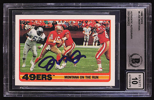 Joe Montana Signed 1989 Topps #6 49ers Team / On The Run (BGS | Auto 10)